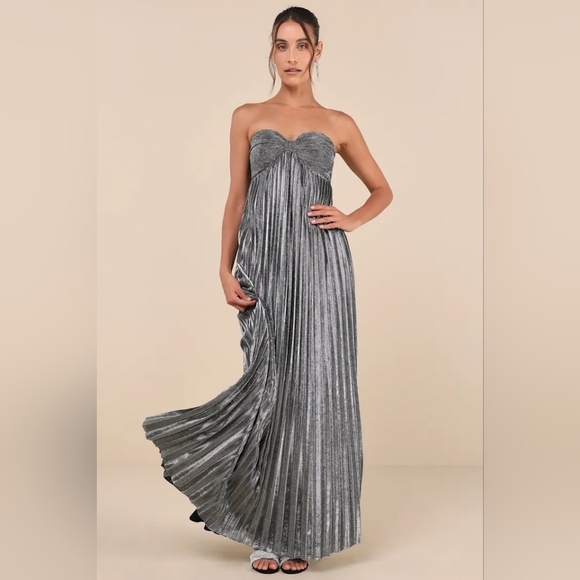 Lulus Glittering Luxury Silver Lurex Pleated Strapless Maxi Dress Wedding Prom - Picture 2 of 9